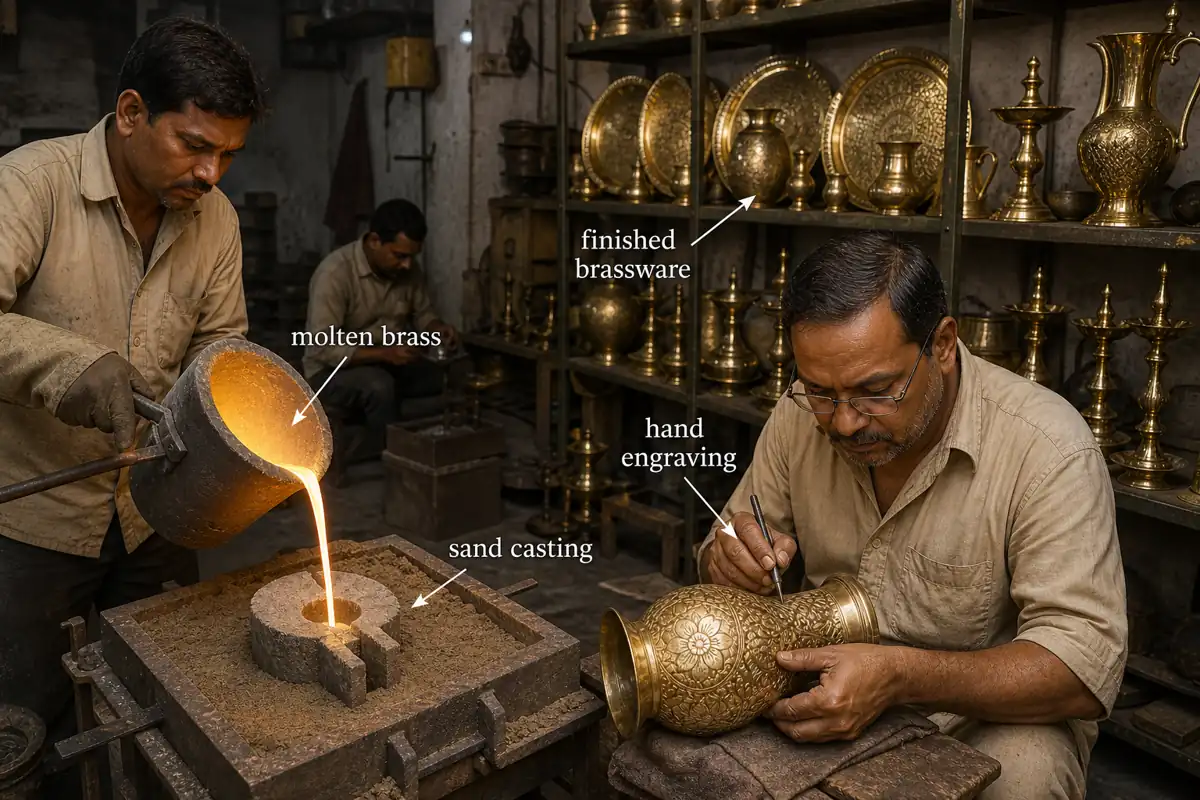 Moradabad brass workshop showing sand casting, molten brass, hand engraving, and finished brassware