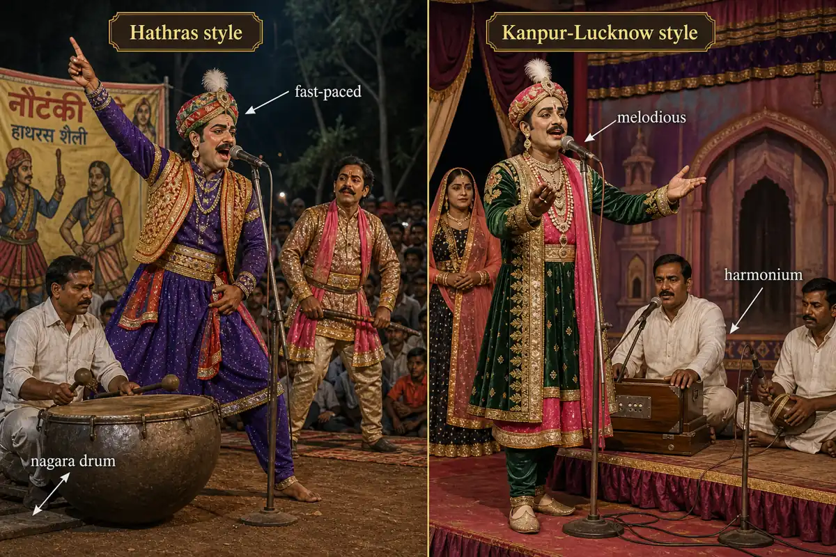 Comparison of Hathras-style Nautanki with nagara drum and fast pace versus Kanpur-Lucknow style Nautanki with harmonium and melodious singing