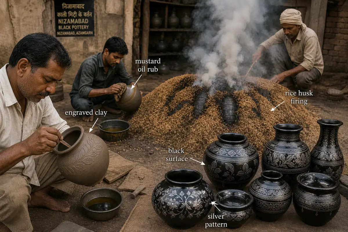 Nizamabad black pottery process showing engraved clay, mustard oil rub, rice husk firing, and finished black pottery with silver patterns