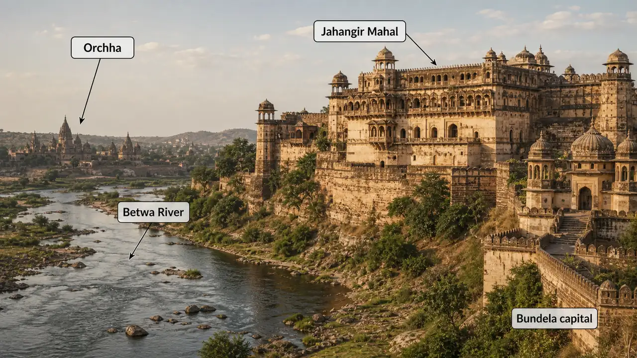 Orchha as the Bundela capital showing Jahangir Mahal, the Betwa River, and the Bundelkhand setting in medieval Uttar Pradesh history