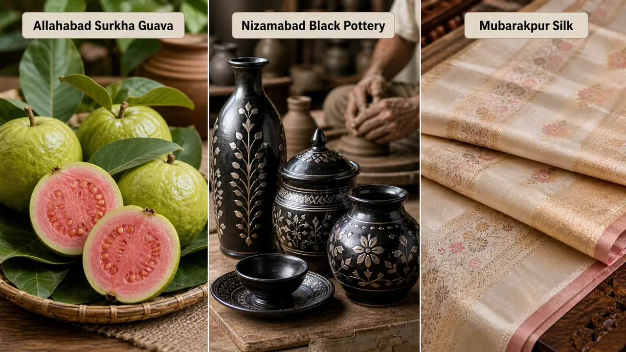Realistic view of Allahabad Surkha Guava, Nizamabad Black Pottery and Mubarakpur Silk for Uttar Pradesh GI-tag lesson memory