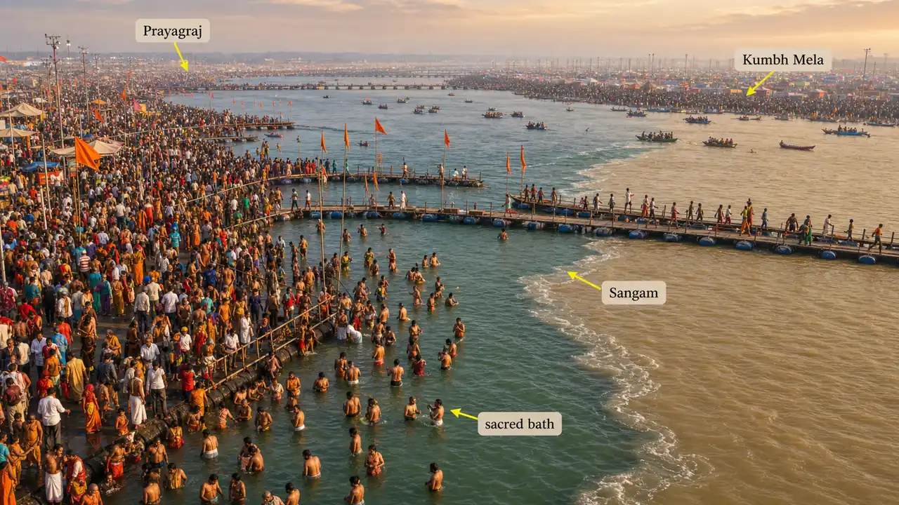Kumbh Mela at Prayagraj Sangam showing sacred bathing and the confluence setting in Uttar Pradesh