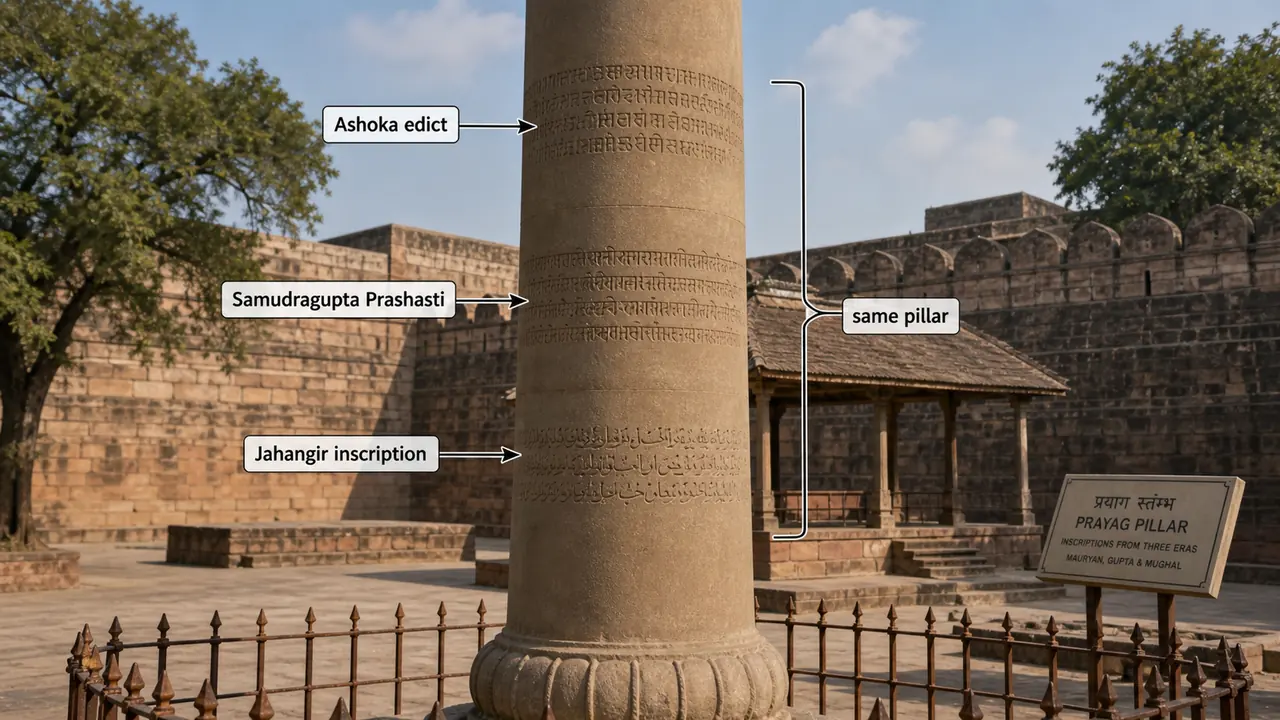 Prayagraj pillar in Uttar Pradesh showing Ashoka edict, Samudragupta Prashasti, and Jahangir inscription on the same pillar