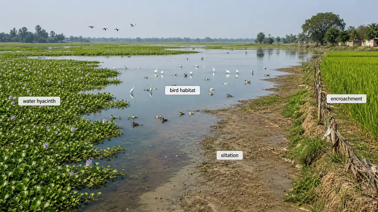 UP Ramsar wetland threats showing water hyacinth siltation encroachment and reduced bird habitat