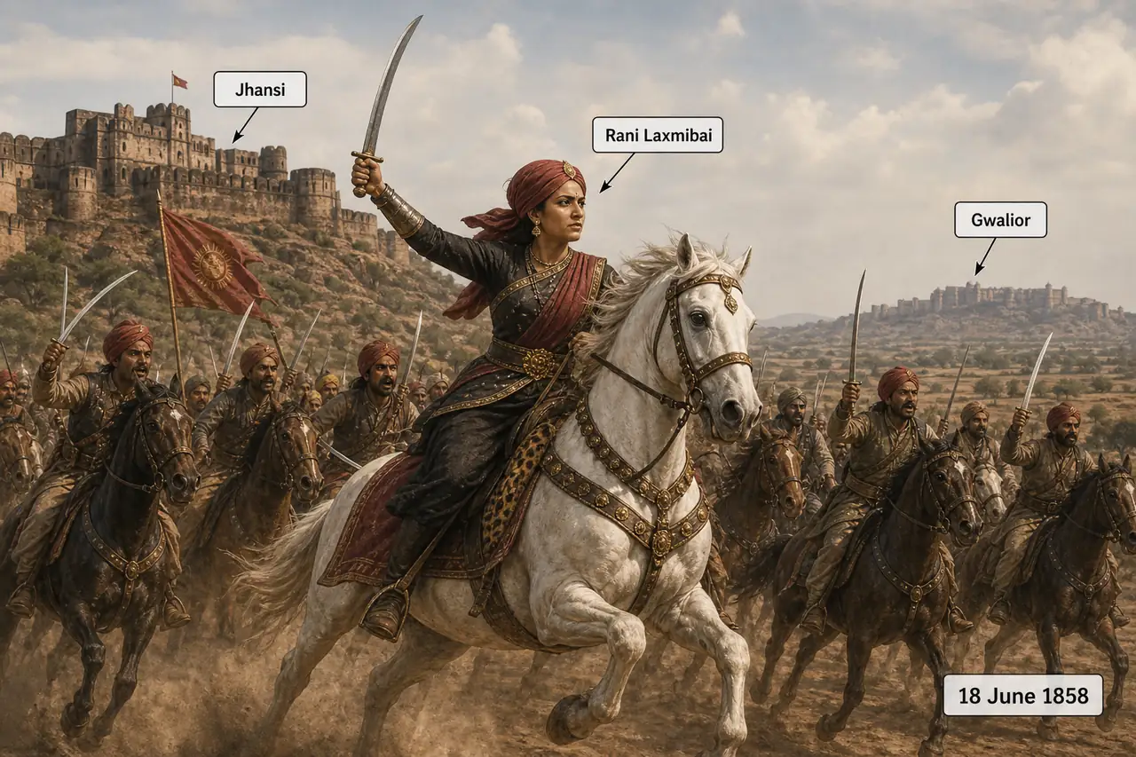 Rani Laxmibai leading resistance from Jhansi toward Gwalior during the Revolt of 1857