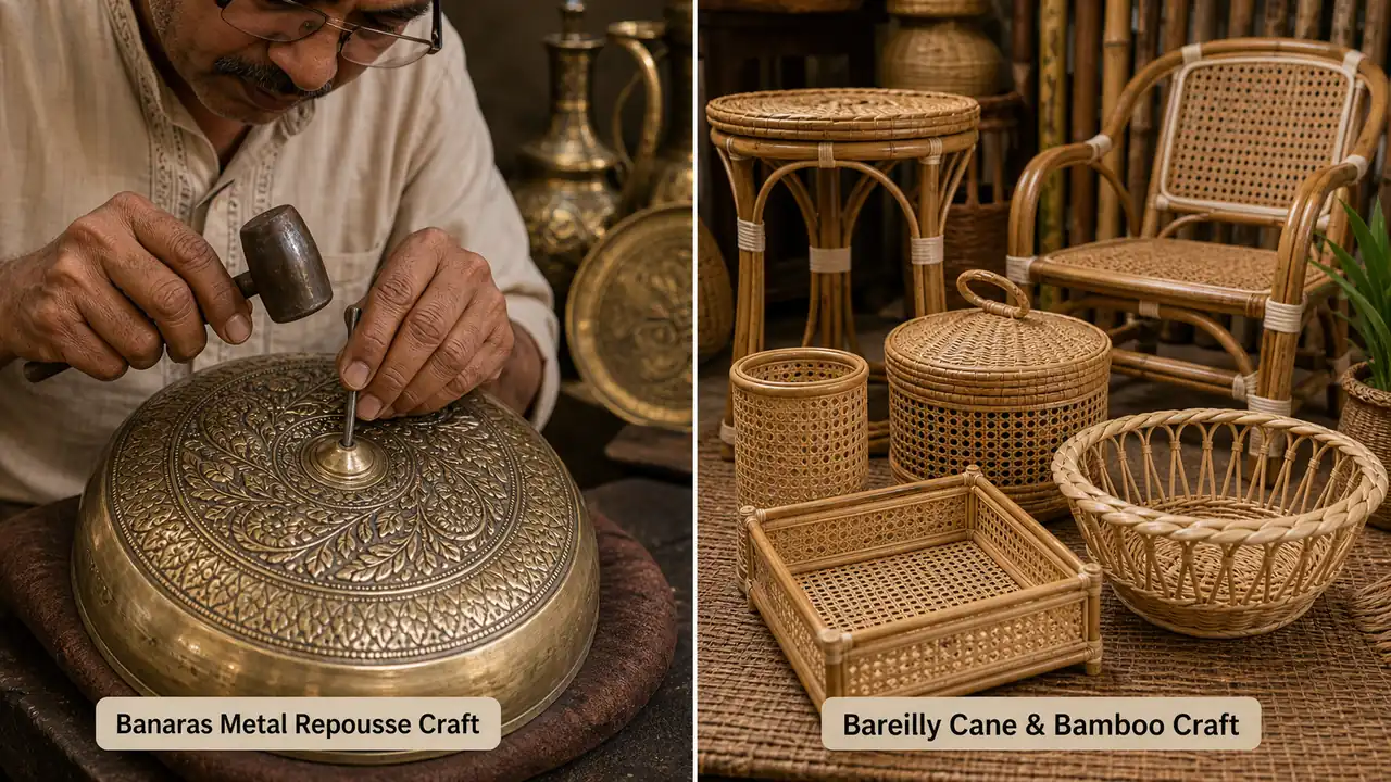 Realistic view of Banaras Metal Repousse Craft and Bareilly Cane and Bamboo Craft for Uttar Pradesh GI lesson memory