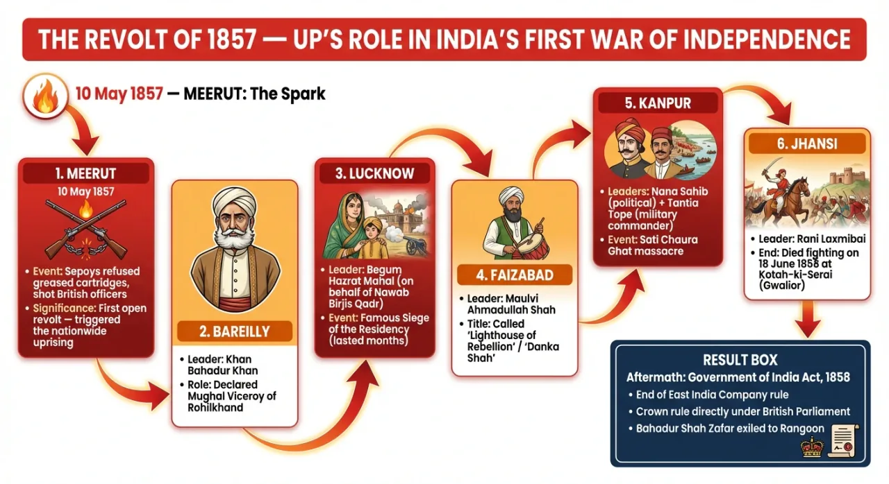 Revolt of 1857 in Uttar Pradesh showing major centres such as Meerut, Kanpur, Lucknow, Jhansi, Bareilly, and Faizabad