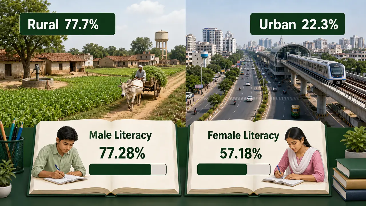 Uttar Pradesh rural urban population share and male female literacy gap
