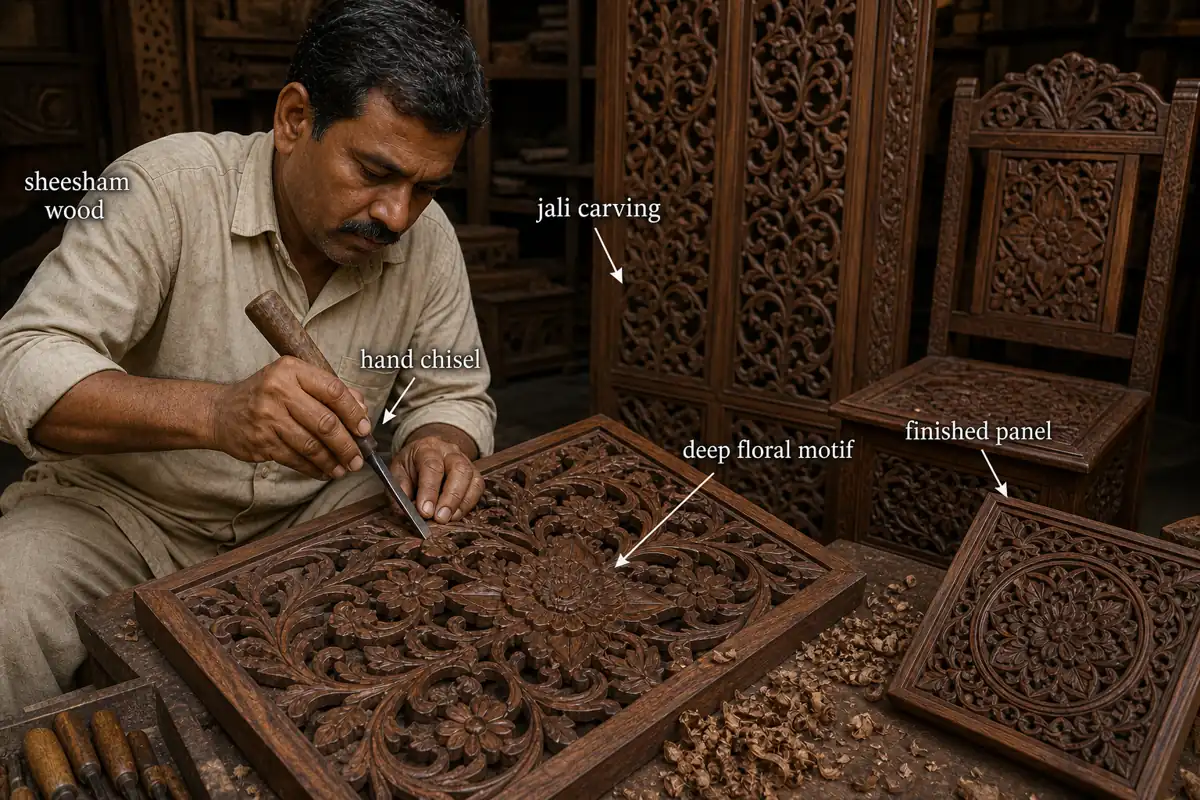Saharanpur wood carving showing sheesham wood, hand chisel work, jali carving, deep floral motifs, and a finished carved panel