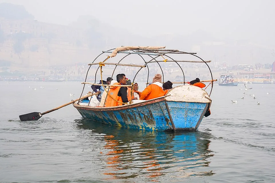Triveni Sangam at Prayagraj where the visible Ganga and Yamuna meet in Uttar Pradesh