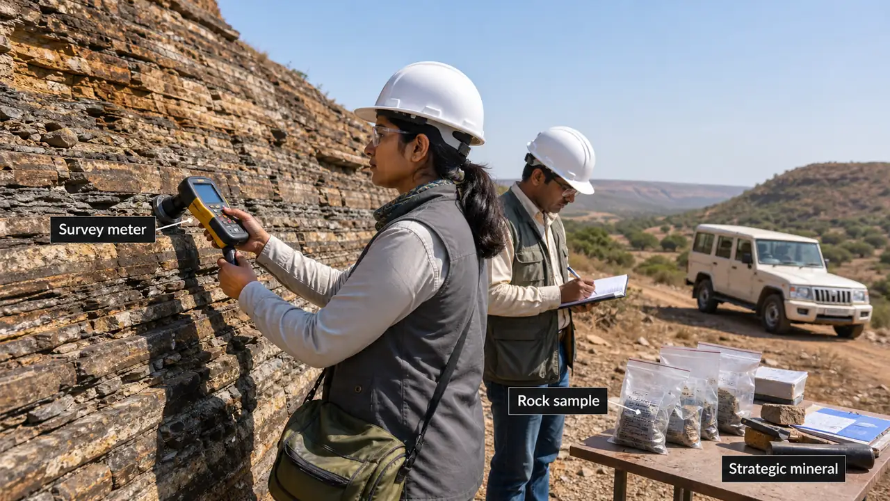 Sonbhadra uranium exploration showing survey meter and rock samples for strategic minerals