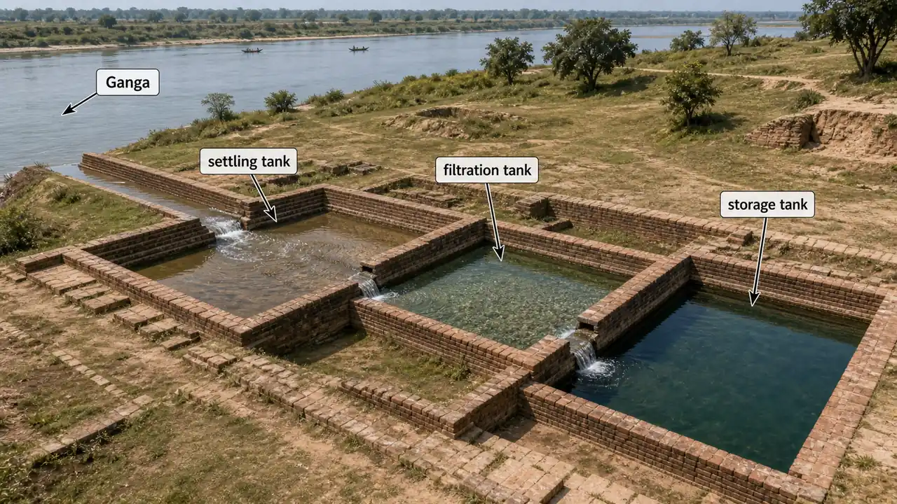Ancient three-stage water filtration and storage system at Sringaverapura near Prayagraj showing settling, filtration, and storage tanks