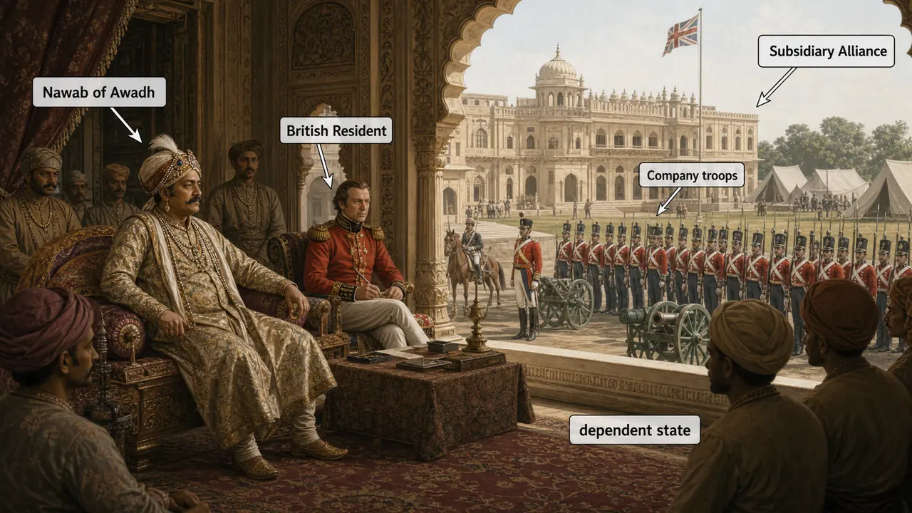 Subsidiary Alliance in Awadh showing the Nawab, British Resident, and Company troops as symbols of lost military and political autonomy