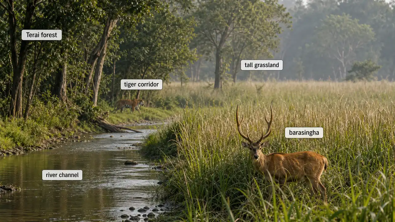 Terai sanctuary corridor in Uttar Pradesh showing moist forest tall grassland river channel and barasingha habitat