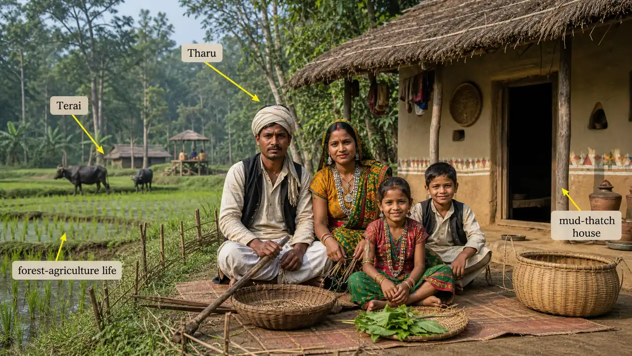Tharu tribal life in the Terai region of northern Uttar Pradesh with traditional house and forest agriculture setting