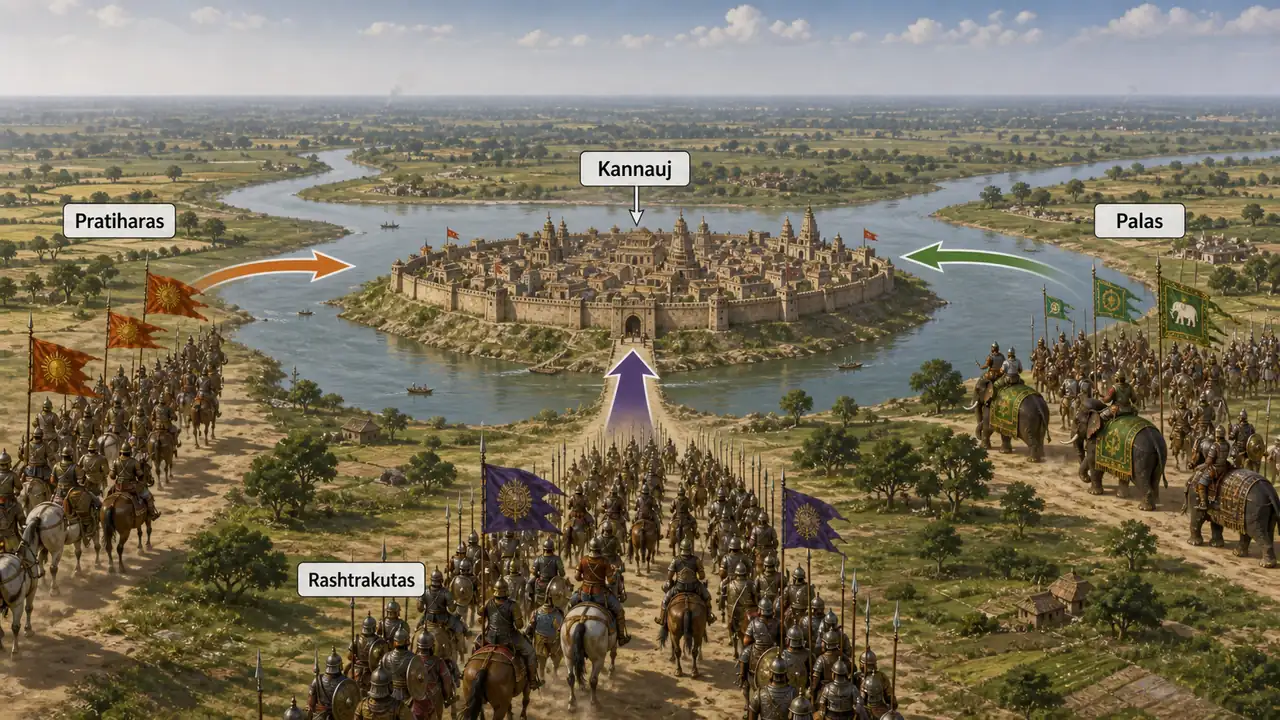 Tripartite Struggle for Kannauj showing Pratiharas, Palas, and Rashtrakutas competing for Kannauj in early medieval India