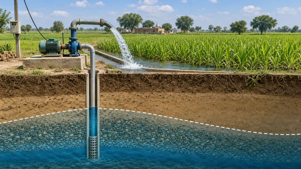 UP tube well irrigation showing pump bore well aquifer and lowered groundwater table