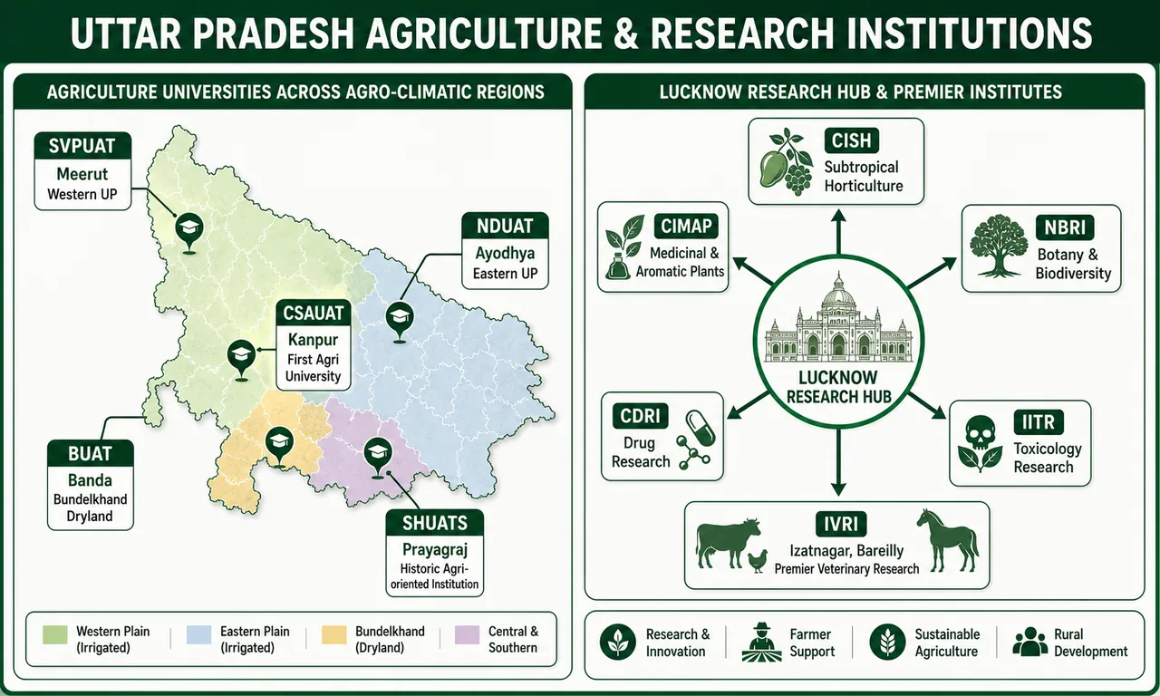 Uttar Pradesh agricultural universities across regions and Lucknow research hub institutions like CISH CIMAP NBRI CDRI IITR and IVRI