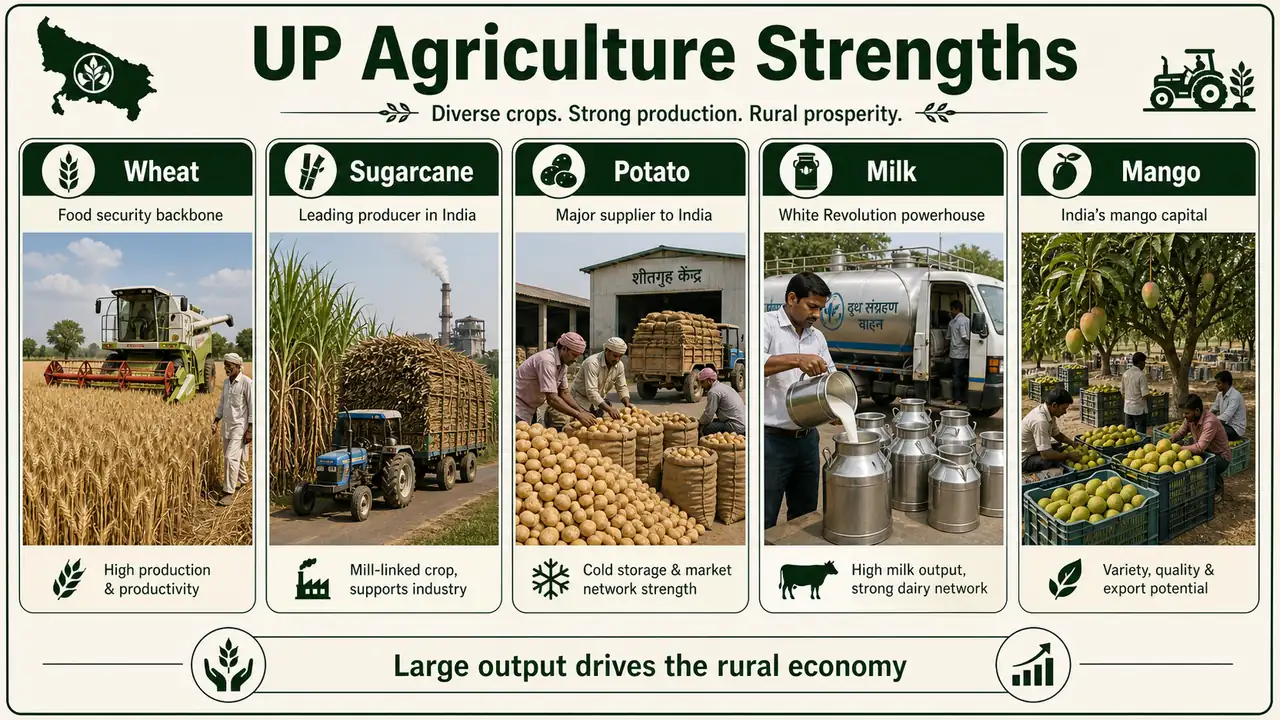 Uttar Pradesh agriculture strengths showing wheat, sugarcane, potato, milk, and mango production