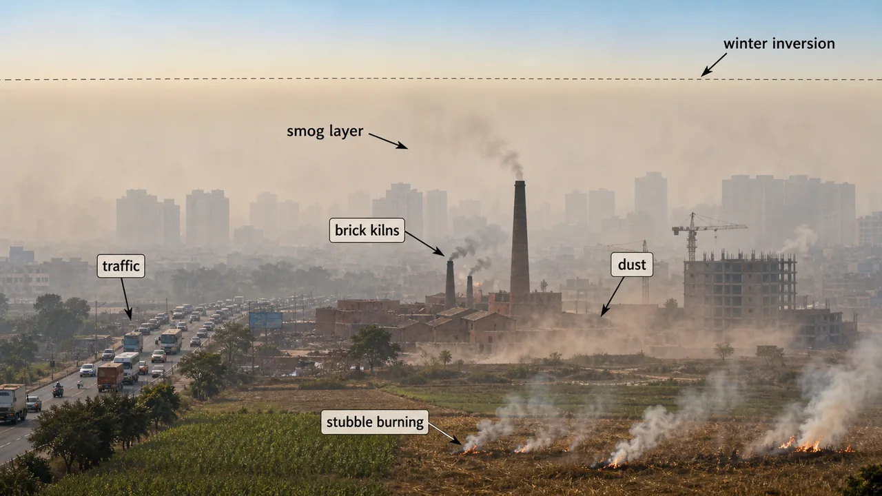 Winter air pollution in Uttar Pradesh showing traffic, brick kilns, dust, and stubble burning under a smog layer