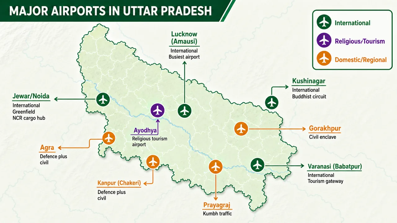 Map of Uttar Pradesh airports showing international, religious tourism, and domestic regional aviation hubs