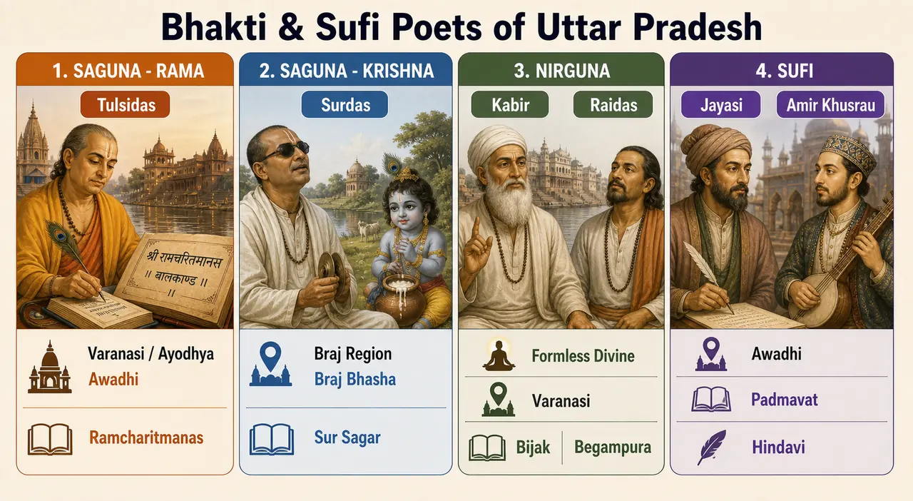 Overview of Bhakti and Sufi poets of Uttar Pradesh showing Tulsidas, Surdas, Kabir, Raidas, Jayasi, and Amir Khusrau with their literary streams