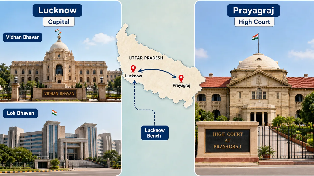 Lucknow as Uttar Pradesh capital with Vidhan Bhavan and Lok Bhavan, and Prayagraj as principal High Court seat with Lucknow Bench