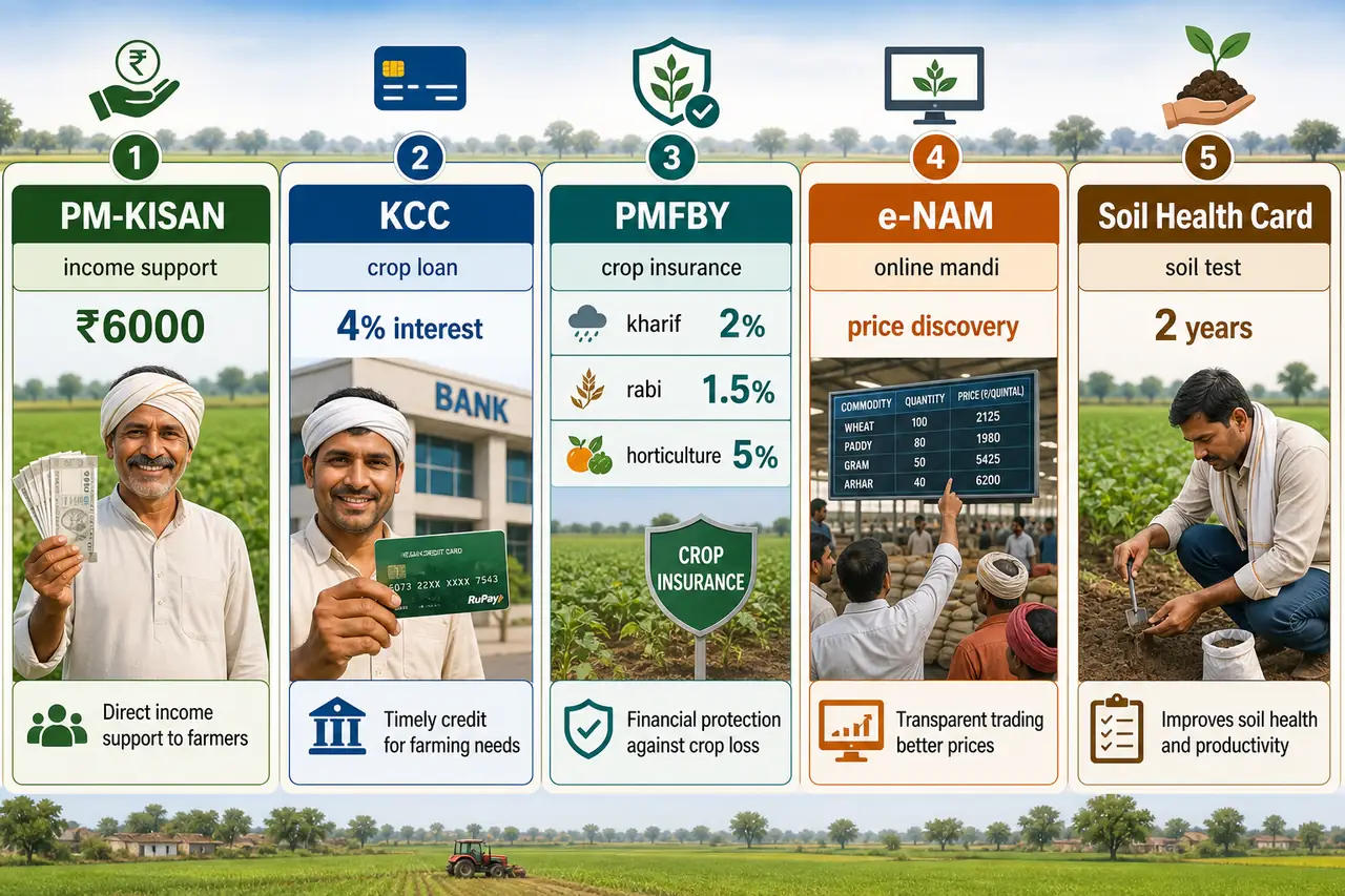 Central agriculture schemes used in Uttar Pradesh showing PM-KISAN income support, KCC crop loan, PMFBY crop insurance, e-NAM online mandi, and Soil Health Card soil testing