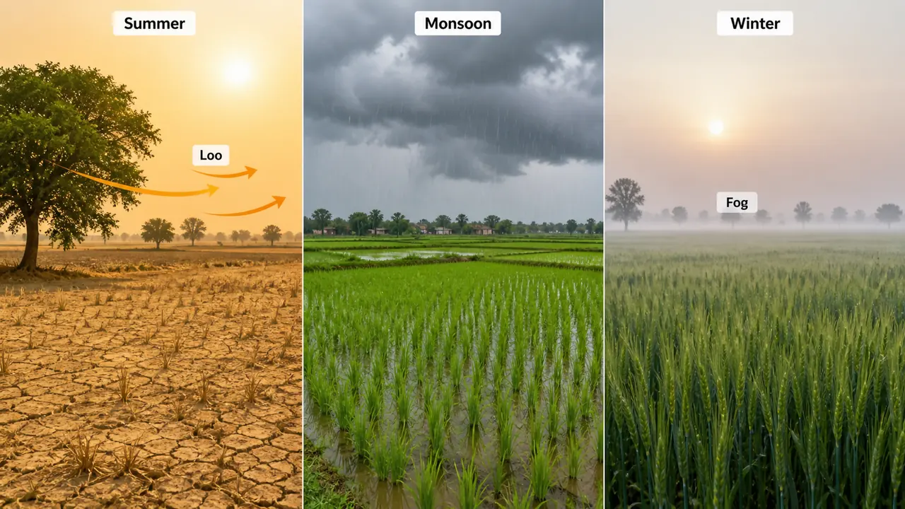 Uttar Pradesh climate three seasons showing summer loo monsoon rain and winter fog