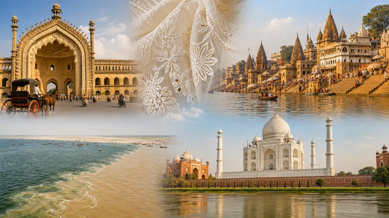 Uttar Pradesh cultural city nickname visual with Lucknow Varanasi Prayagraj and Agra themes