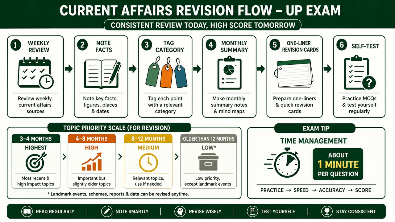 UP current affairs revision flow showing weekly review monthly summary one-liner cards self-testing and the 6 to 12 month priority rule