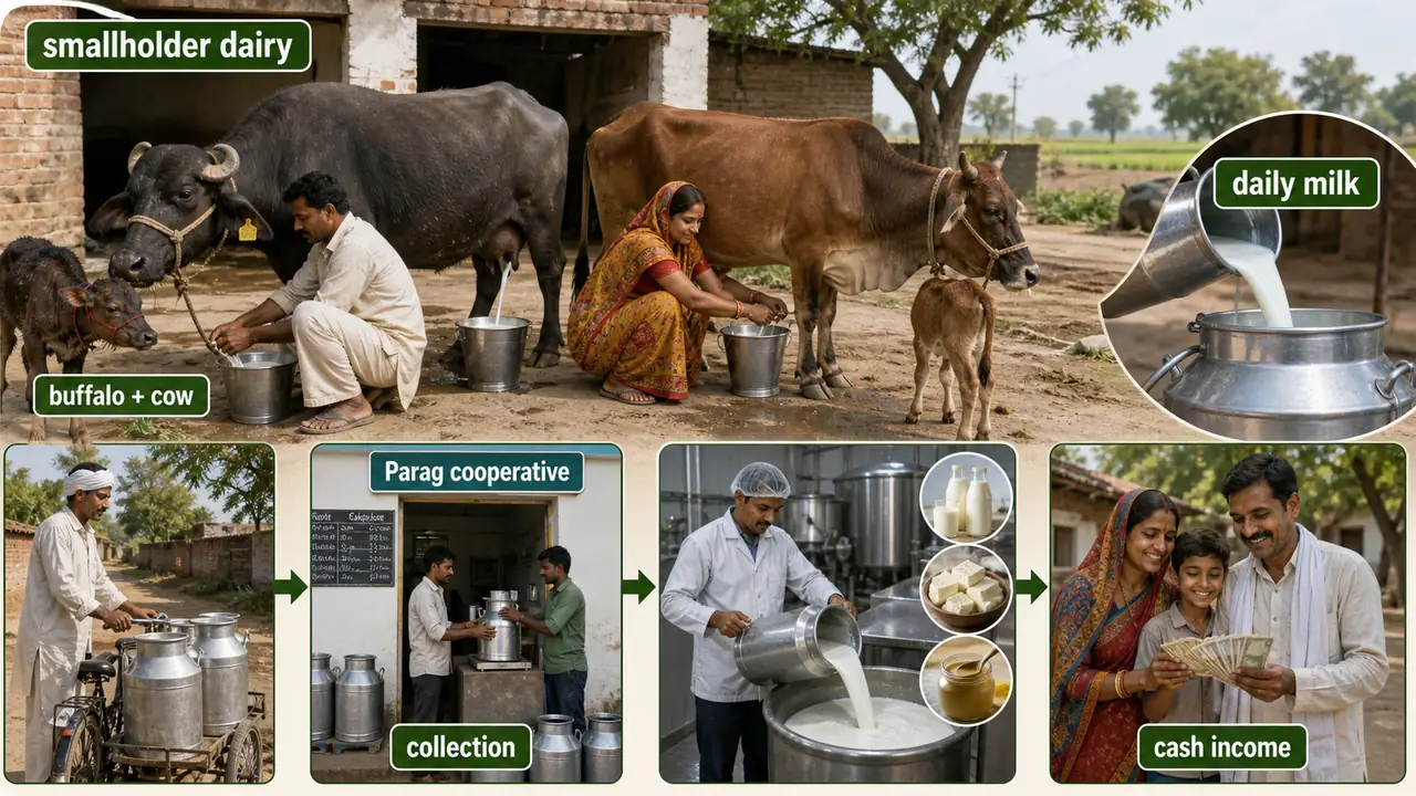 Uttar Pradesh smallholder dairy system showing buffalo and cow milk production, collection through Parag-style cooperative channels, and regular household cash income