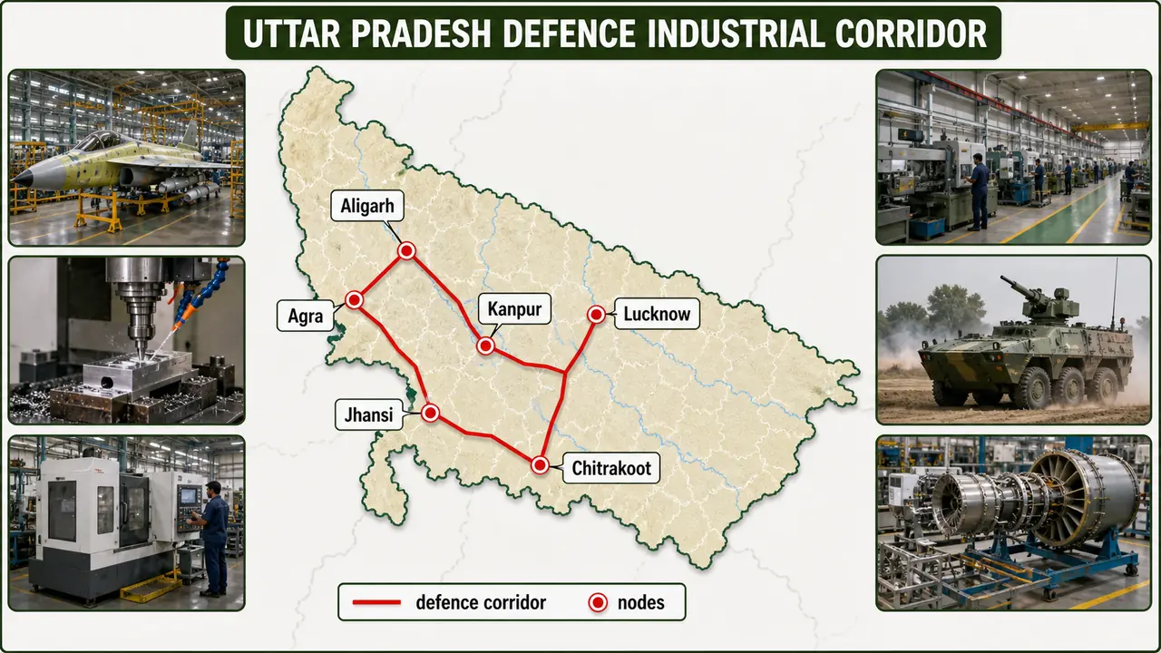 UP Defence Industrial Corridor map showing six nodes at Agra, Aligarh, Chitrakoot, Jhansi, Kanpur, and Lucknow