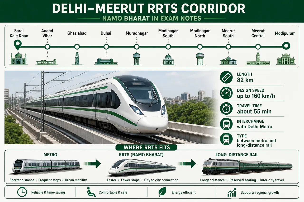Delhi Meerut RRTS corridor map showing stations speed travel time and how RRTS differs from metro rail