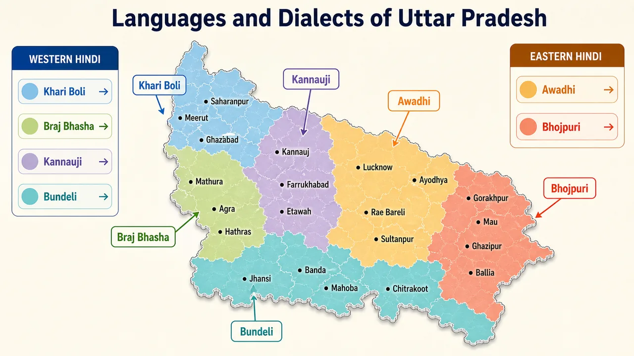 Regional distribution of Uttar Pradesh dialects showing Khari Boli, Braj Bhasha, Kannauji, Bundeli, Awadhi, and Bhojpuri