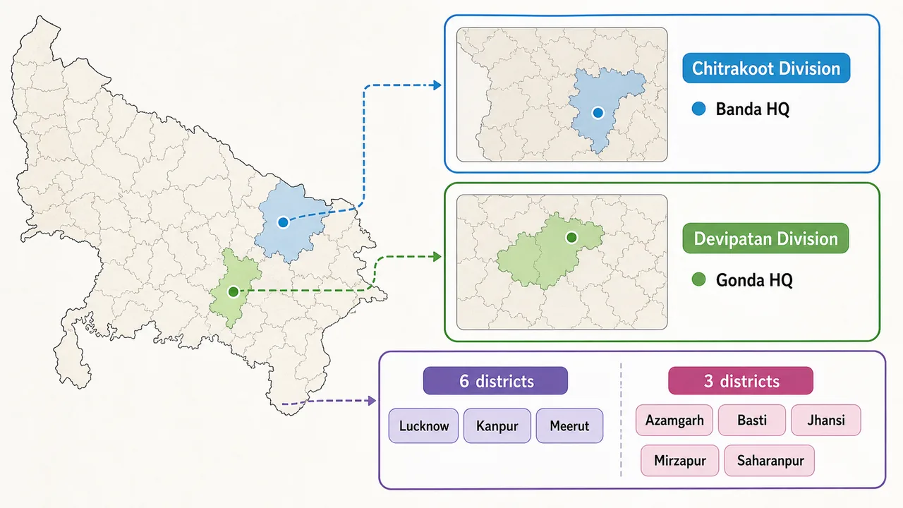 Uttar Pradesh division trick headquarters showing Chitrakoot Division with Banda HQ, Devipatan Division with Gonda HQ, and divisions with 6 versus 3 districts