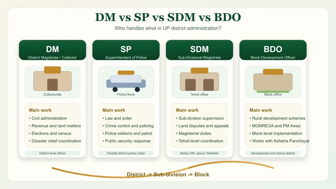 DM vs SP vs SDM vs BDO role comparison in Uttar Pradesh district administration