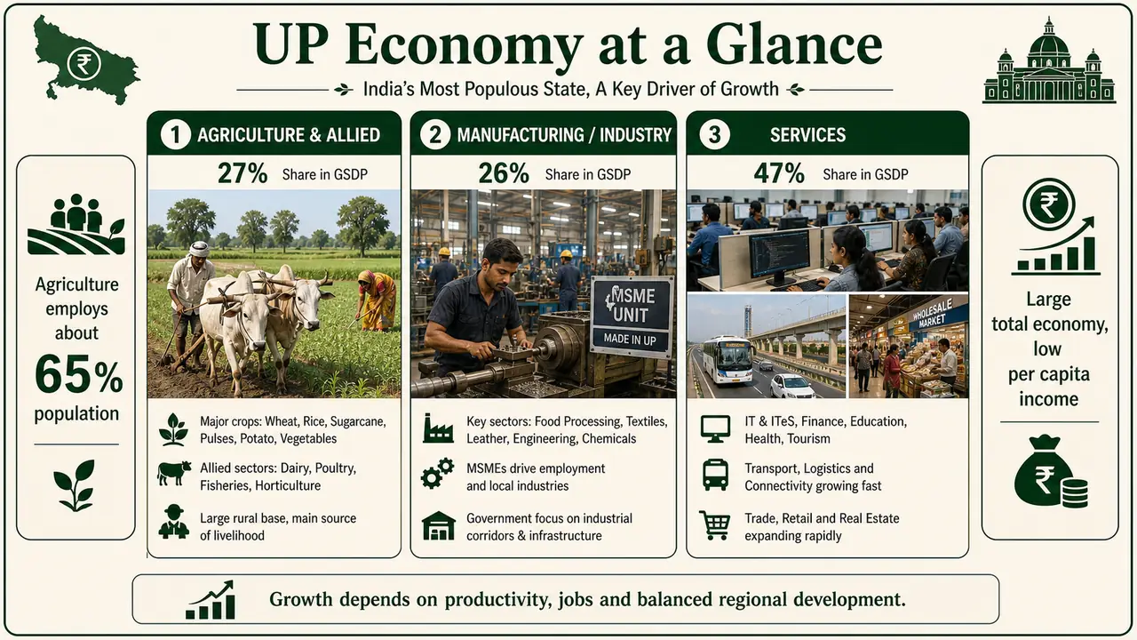 Uttar Pradesh economy overview showing agriculture, industry, and services shares in GSDP