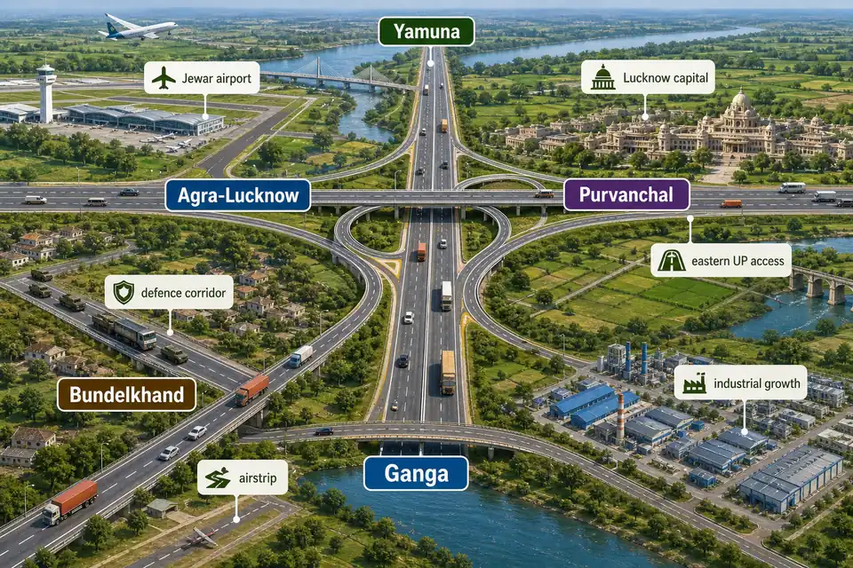 UP expressway corridors linking Jewar airport, Lucknow, eastern UP access, the Bundelkhand defence corridor, industrial growth nodes, and emergency airstrip infrastructure