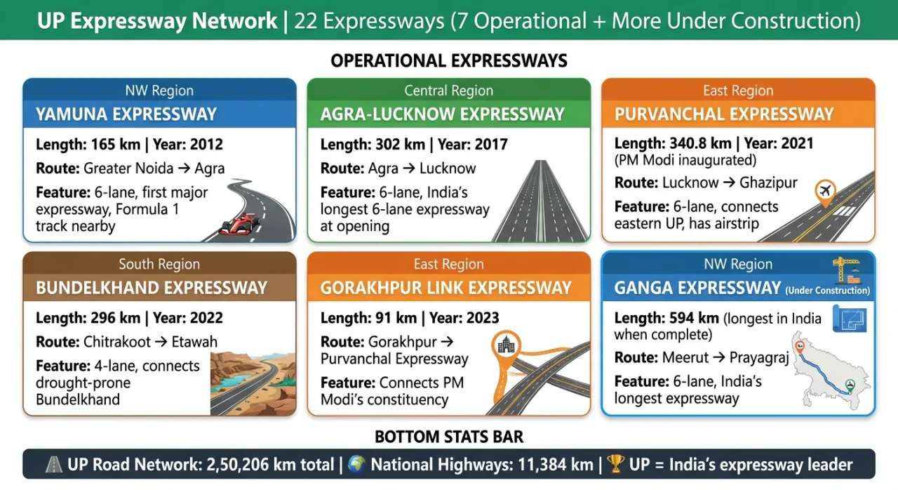 UP expressway network showing major operational and under-construction expressways including Yamuna, Agra-Lucknow, Purvanchal, Bundelkhand, Gorakhpur Link, and Ganga