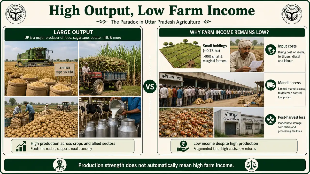 Farm income challenges in Uttar Pradesh showing high output but low returns due to small holdings, costs, mandi access, and post-harvest loss