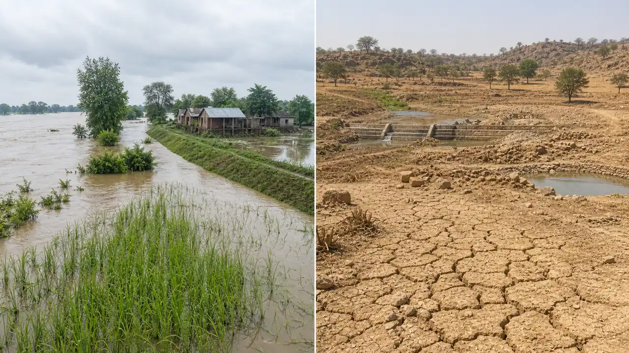 Uttar Pradesh natural hazard contrast showing eastern floodplain and Bundelkhand drought