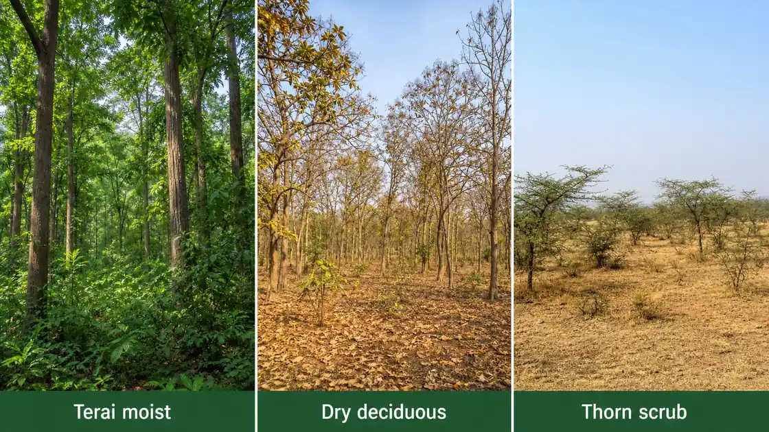 Uttar Pradesh forest types comparison of Terai moist dry deciduous and thorn scrub forests