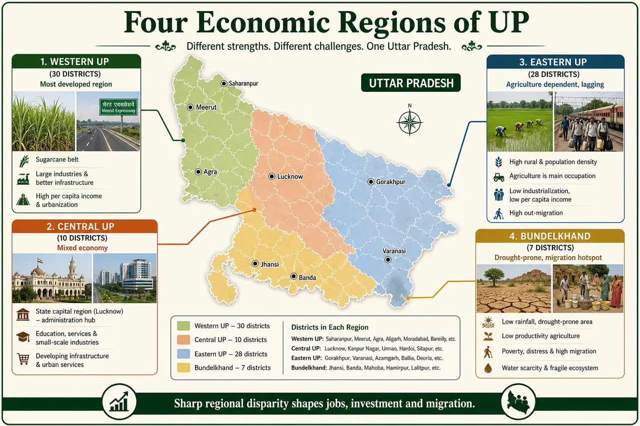 Four economic regions of Uttar Pradesh showing Western UP, Central UP, Eastern UP, and Bundelkhand