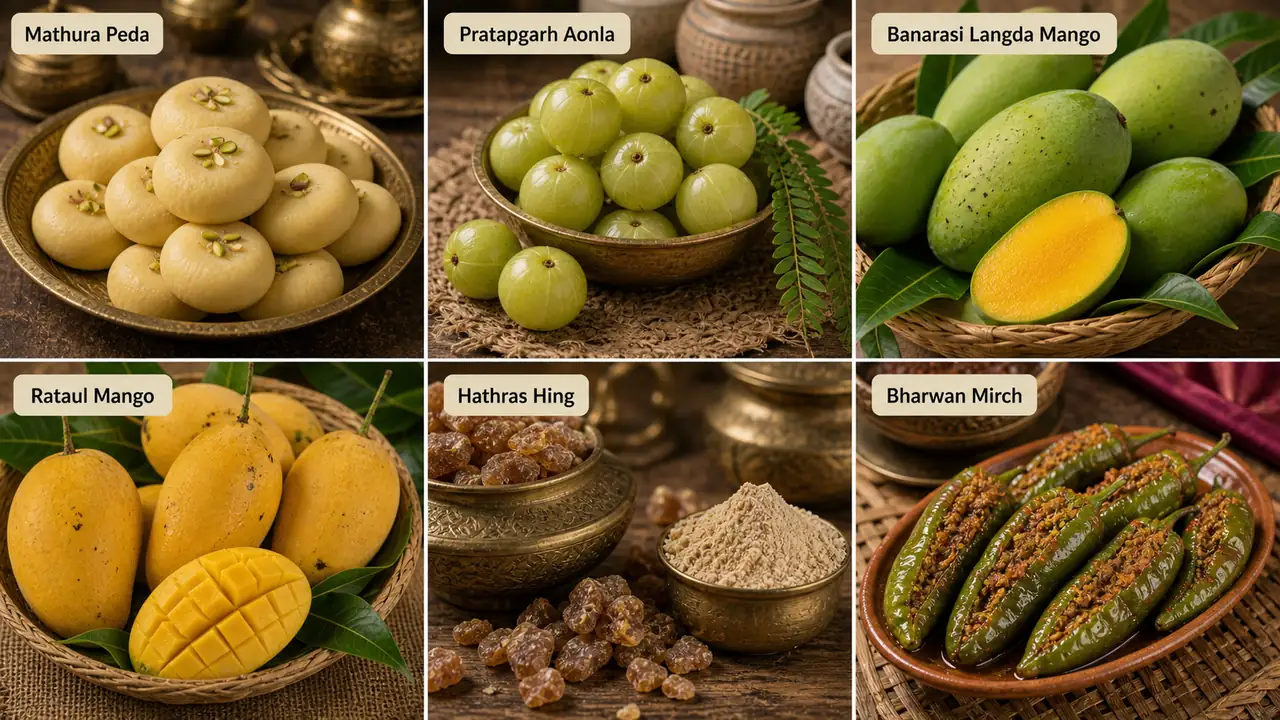 Additional Uttar Pradesh GI food products shown realistically including Mathura Peda, Pratapgarh Aonla, Banarasi Langda Mango, Rataul Mango, Hathras Hing and Bharwan Mirch