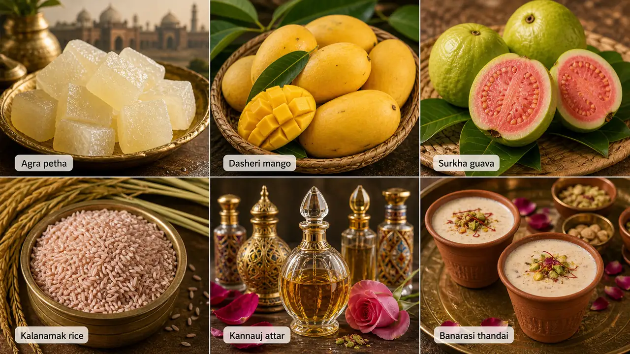 Realistic examples of Uttar Pradesh GI-tagged food and perfume products including Agra petha, Dasheri mango, Surkha guava, Kalanamak rice, Kannauj attar and Banarasi thandai