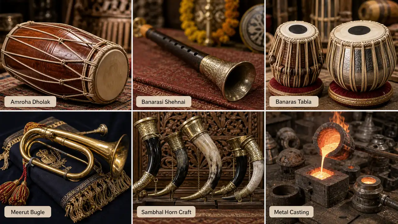 Uttar Pradesh GI musical instruments and related crafts shown realistically including Amroha Dholak, Banarasi Shehnai, Banaras Tabla, Meerut Bugle, Sambhal Horn Craft and metal casting