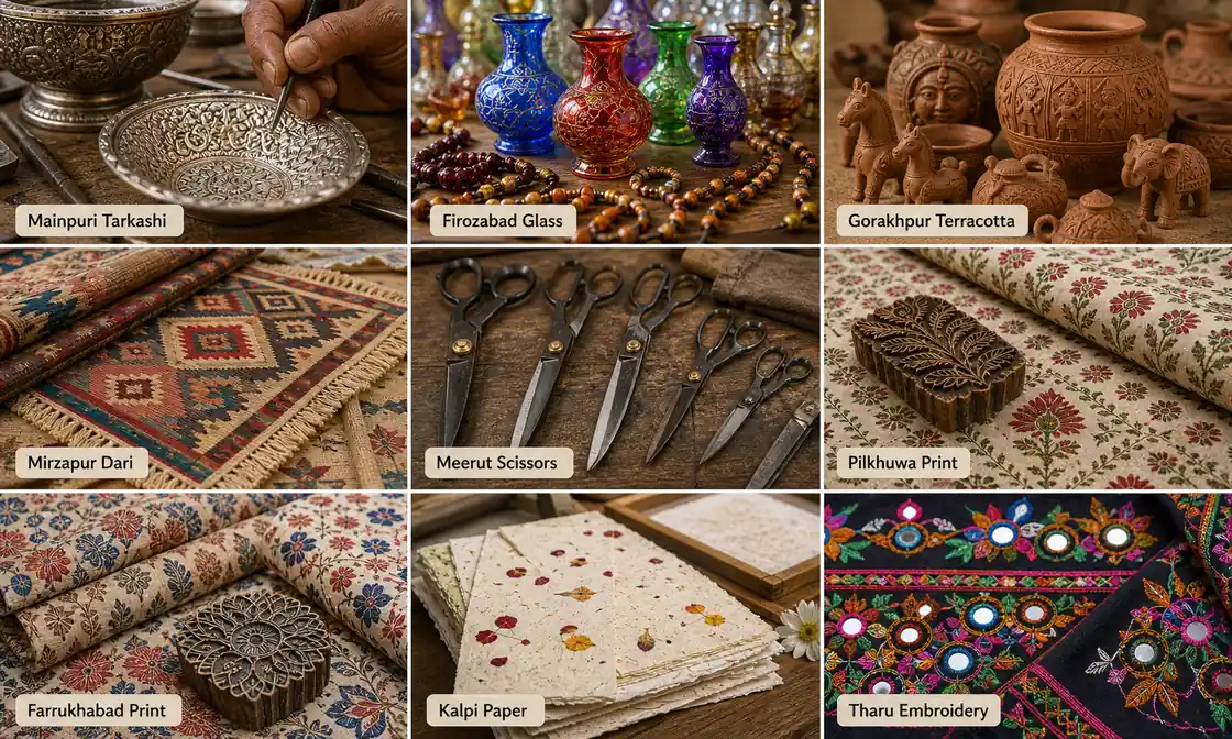 Additional realistic Uttar Pradesh GI handicrafts showing Mainpuri Tarkashi, Firozabad Glass, Gorakhpur Terracotta, Mirzapur Dari, Meerut Scissors, Pilkhuwa Print, Farrukhabad Print, Kalpi Paper and Tharu Embroidery
