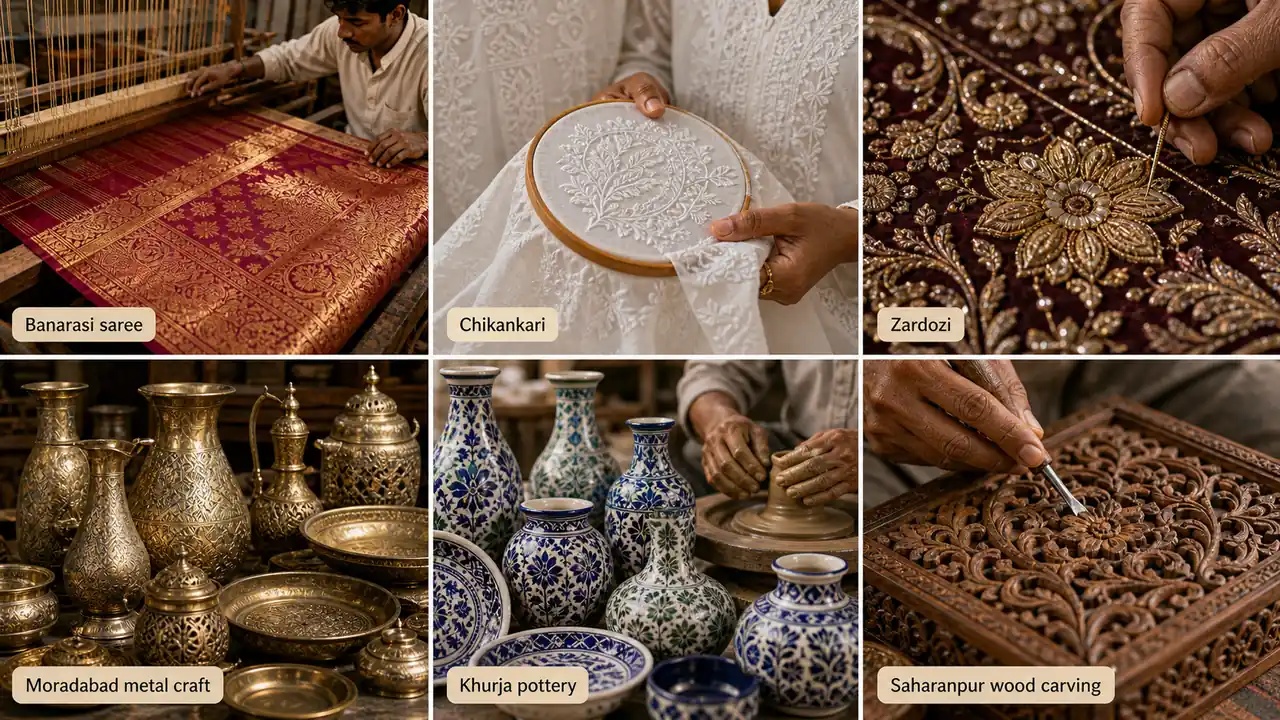 Realistic examples of Uttar Pradesh GI-tagged textiles and handicrafts including Banarasi saree, chikankari, zardozi, Moradabad metal craft, Khurja pottery and Saharanpur wood carving