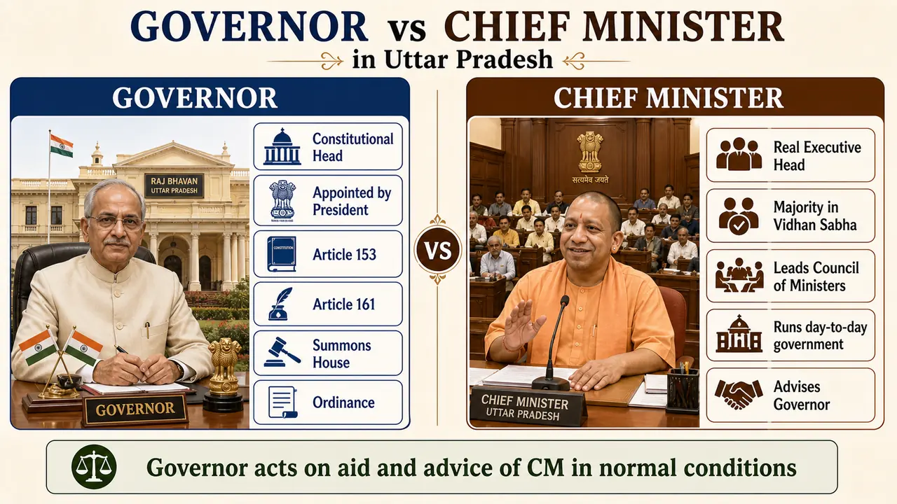 Comparison of the Governor and Chief Minister of Uttar Pradesh showing constitutional head versus real executive head roles